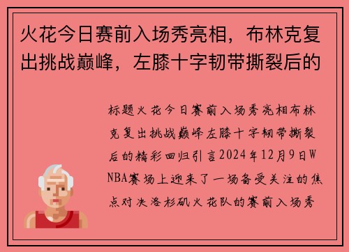 火花今日赛前入场秀亮相，布林克复出挑战巅峰，左膝十字韧带撕裂后的精彩回归