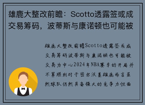 雄鹿大整改前瞻：Scotto透露签或成交易筹码，波蒂斯与康诺顿也可能被交易