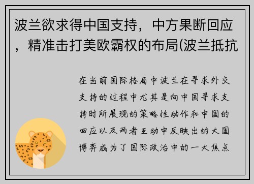 波兰欲求得中国支持，中方果断回应，精准击打美欧霸权的布局(波兰抵抗)